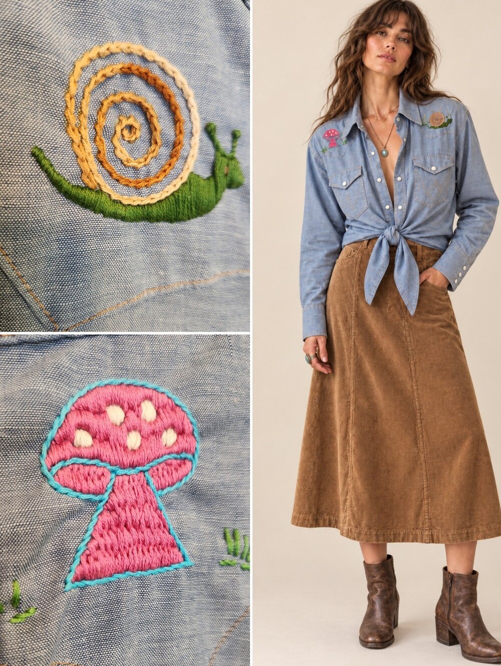 RARE VINTAGE 70s WRANGLER EMBROIDERED PEARL SNAP CHAMBRAY WESTERN SHIRT OOAK M/L
